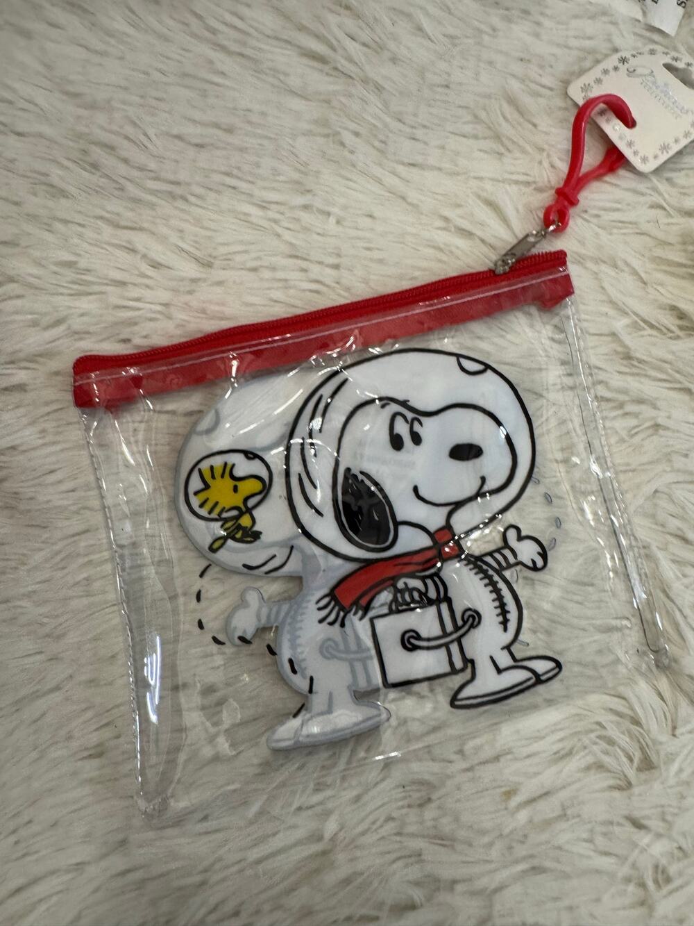 Snoopy clear zip pouch with Snoopy and Woodstock astronaut keychain